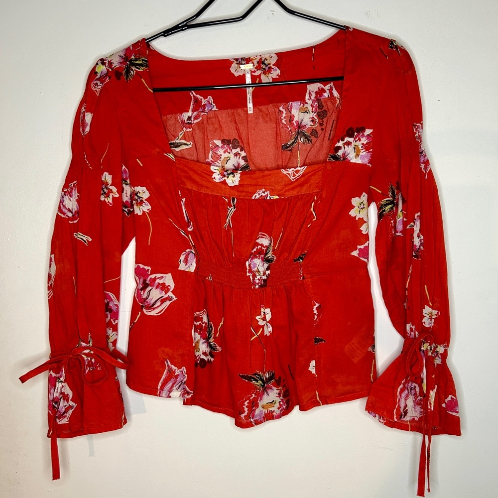 Free People Cherish the Light Red Floral Top Size XS - Picture 3 of 9